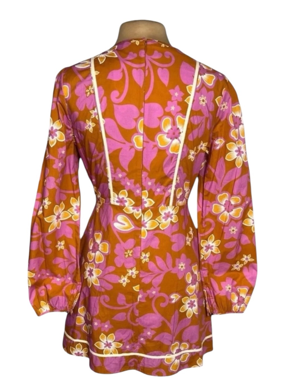 WARM Chelsea Floral Mini Dress Clay Pink Retro 60s Mod Puff Sleeve Medium M - Picture 4 of 8